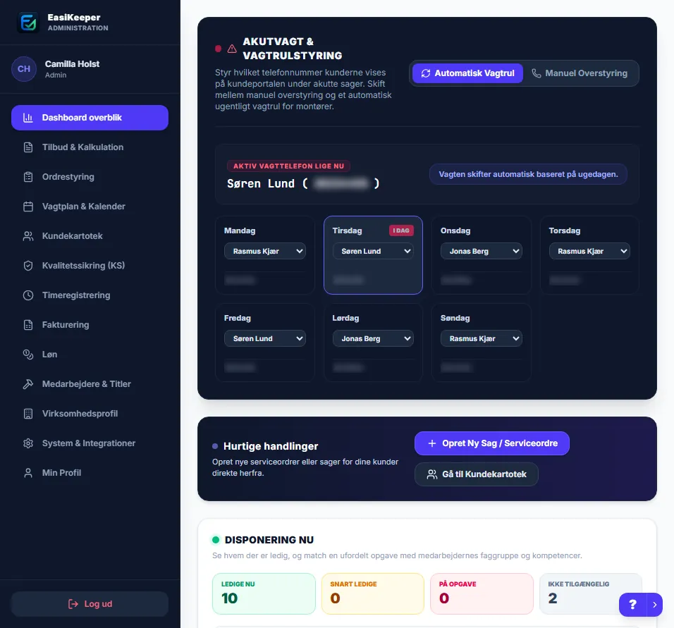 EasiKeeper dashboard med vagtstyring, hurtige handlinger og disponering